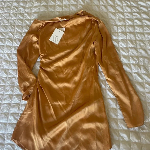 A.L.C Jamie satin drape mini dress in golden tan color - Picture 11 of 16